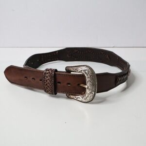 Legends Collection Brown Western Leather Belt Silver Plated Buckle Sz 28